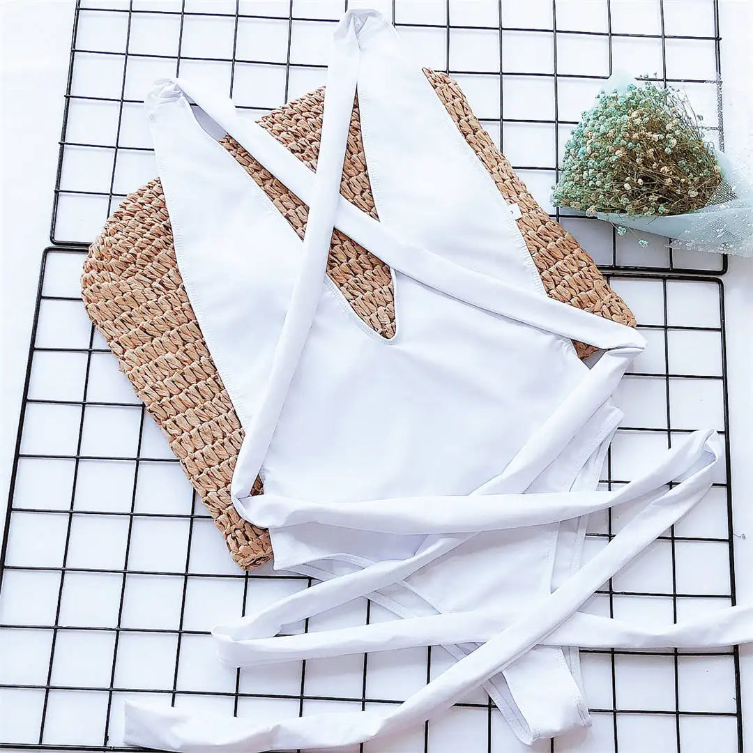 Damen-Badeanzug tiefer V-Ausschnitt Wickel Verband rückenfrei Monokini