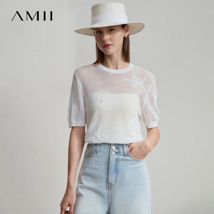 Damen Top im minimalistischen Ozean-Stil mit Perlenbesatz und durchbohrten Löchern