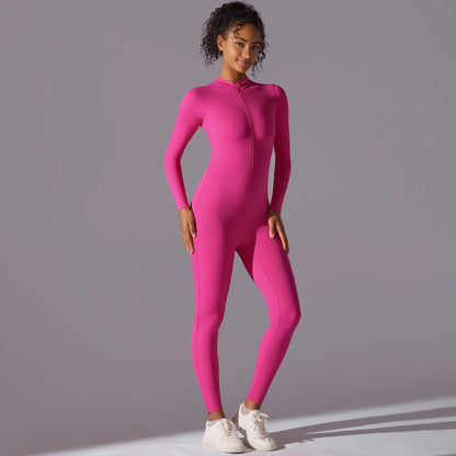 Sport-Overall Damen, lange Ärmel, Pink, durchgehender Frontreißverschluss