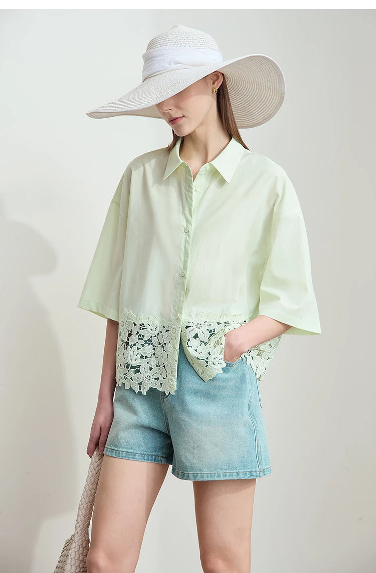 Damen Kurzarm Shirt mit drehbarem Kragen und solider Aushöhlung