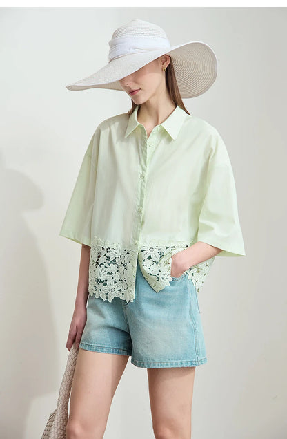 Damen Kurzarm Shirt mit drehbarem Kragen und solider Aushöhlung