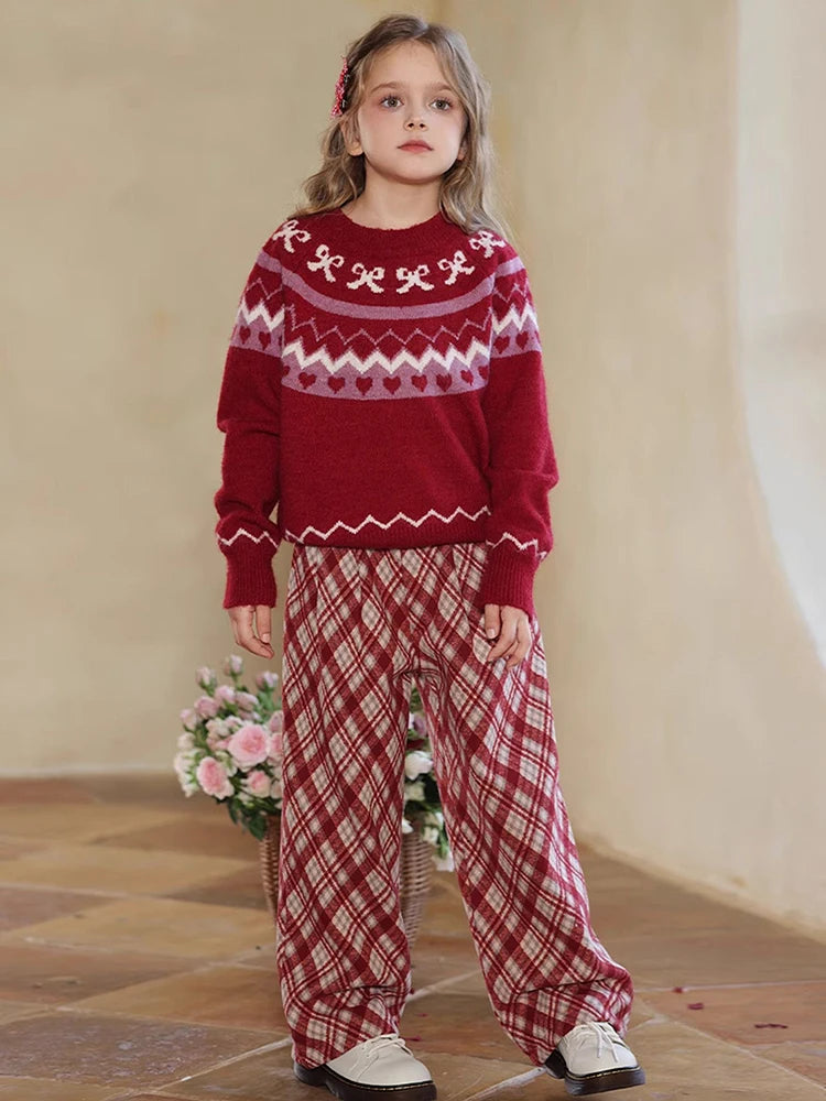 Warme Winter-Kleidweste für Mädchen mit Jacquard-Blumenmuster in Lila und Pink – ideal für Neujahrsfeiern