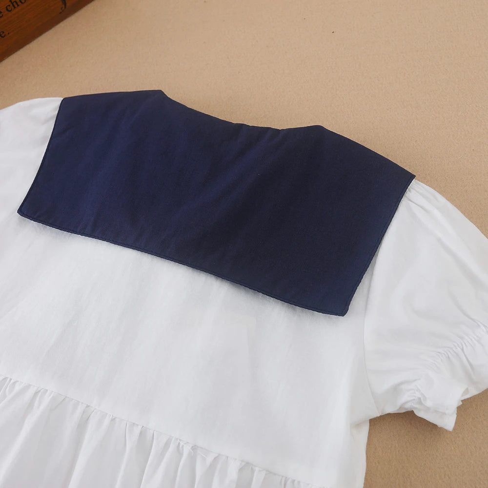 Baby Mädchen Kleid mit Marineblau Kragen Schleife Sommer Kinder Baumwolle Kleidung Kleinkind Outfit für Mädchen 2-6 Jahre