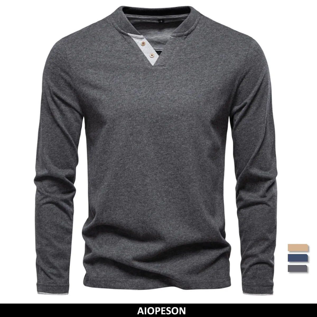 Dunkelgraues Henley-Langarmshirt mit V-Ausschnitt und Knopfleiste, 3 Knöpfen