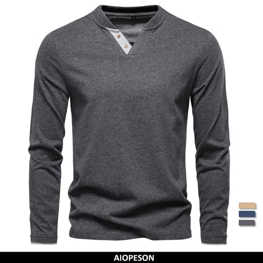 Dunkelgraues Henley-Langarmshirt mit V-Ausschnitt und Knopfleiste, 3 Knöpfen