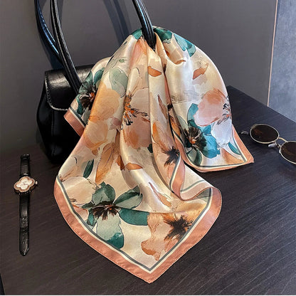 Damen Seidensatin Schal quadratisch Blumenprint Kopftuch Bandana Hijab Neu F