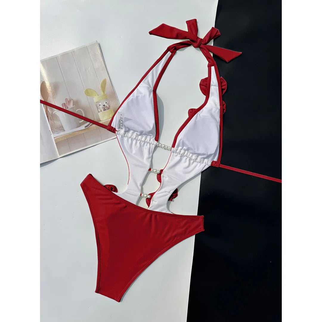 Damen Badeanzug 3D-Blumen tiefer V-Ausschnitt hoher Beinausschnitt Monokini rosa-rot