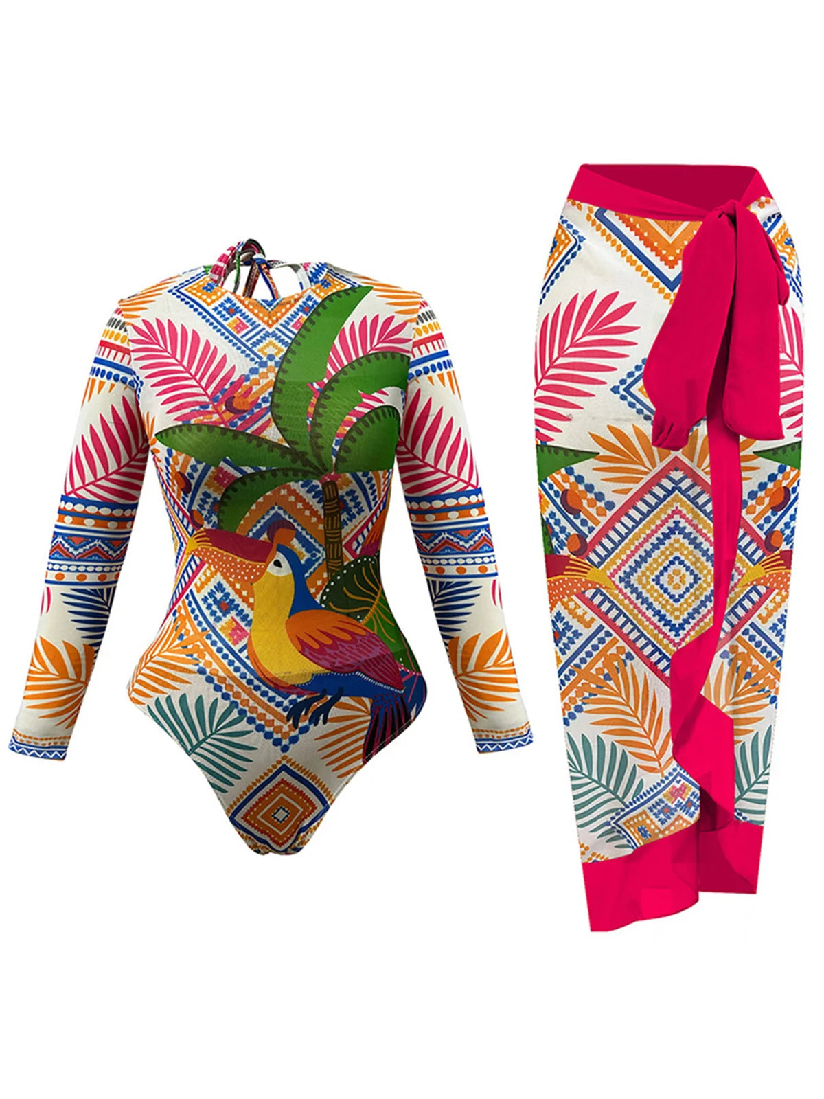 Damen-Badeanzug Print Langarm Sarong-Hose Set gepolstert