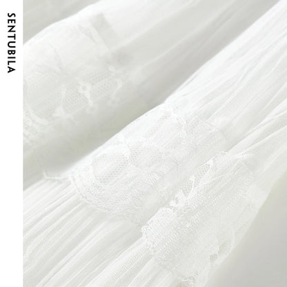 Damen A-Linie Spitzenrock im süßen Stil mit elastischer Taille und Patchwork-Mesh