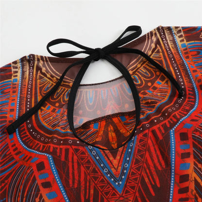 Damen-Badeanzug 3-teilig Print Langarm Sarong-Set gepolstert