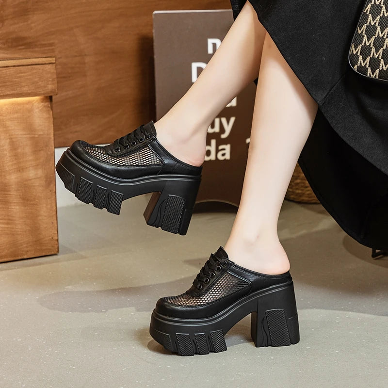 AIYUQI Hausschuhe Frauen High Heel 2025 Neue Sommer Closed Toe Frauen Hausschuhe 11 cm Höhe Mesh Plattform Hausschuhe Frauen