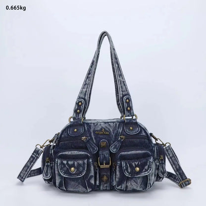 Damen-Handtasche Denim-Optik mit Top-Handle Reißverschluss und Innenfächer Alltagsbedarf