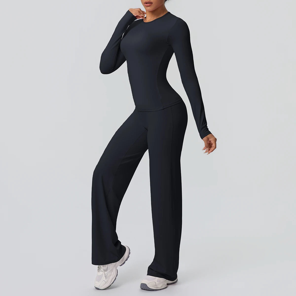 Damen-Yoga-Set aus Langarm-Top und Leggings, dunkelblau