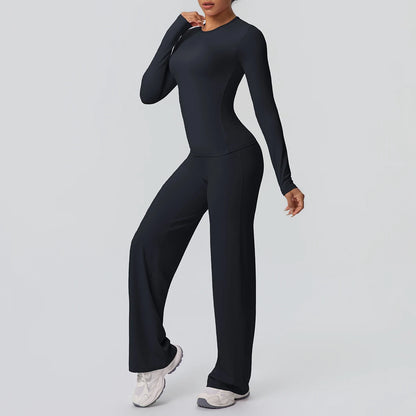 Damen-Yoga-Set aus Langarm-Top und Leggings, dunkelblau