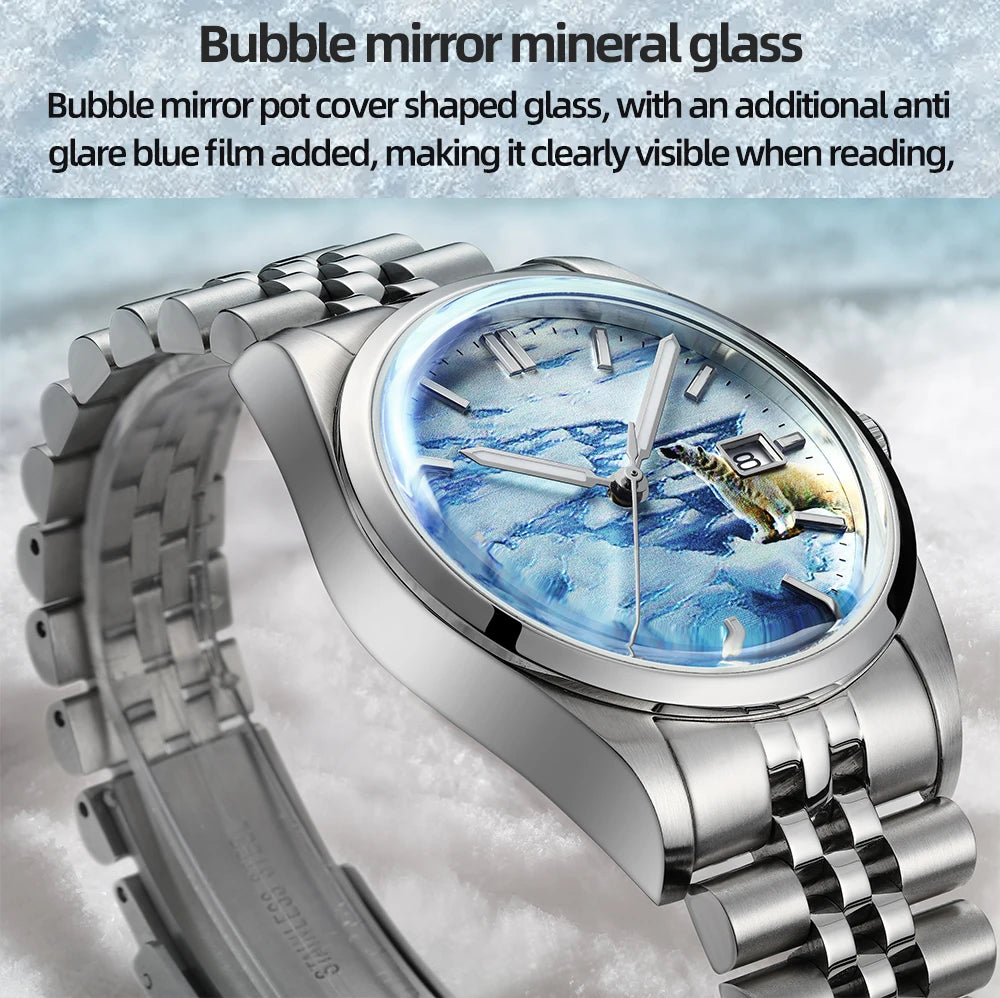 Herren-Automatikuhr mit 3D-Gletscher-Zifferblatt und Bubble-Glas