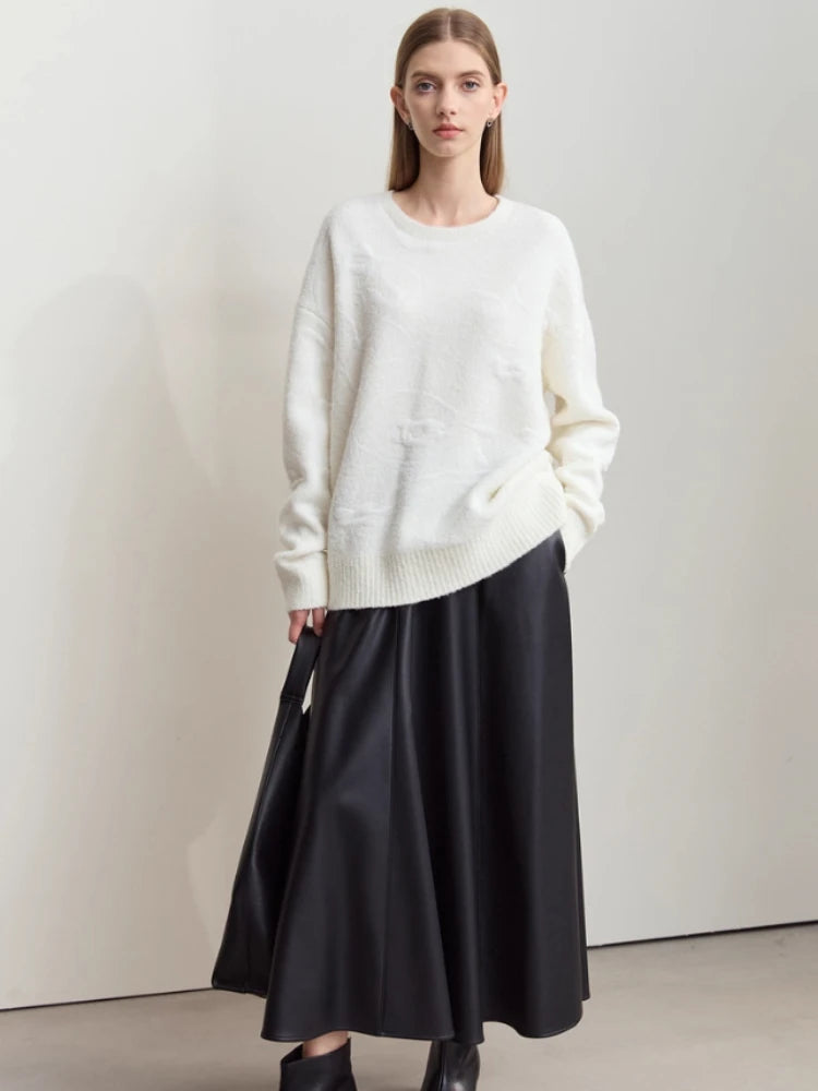 Damenpullover mit Rundhalsausschnitt, weißer Jacquard-Strick, lange Ärmel, locker