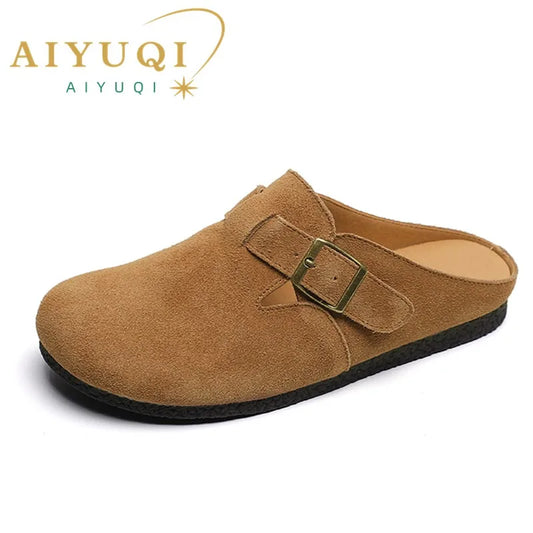AIYUQI Hausschuhe Frauen Echt Leder 2025, Neue Große Größe 41 42 43 Frauen Sommer Schuhe Retro Oberbekleidung Flache Faule halbe Hausschuhe Frauen