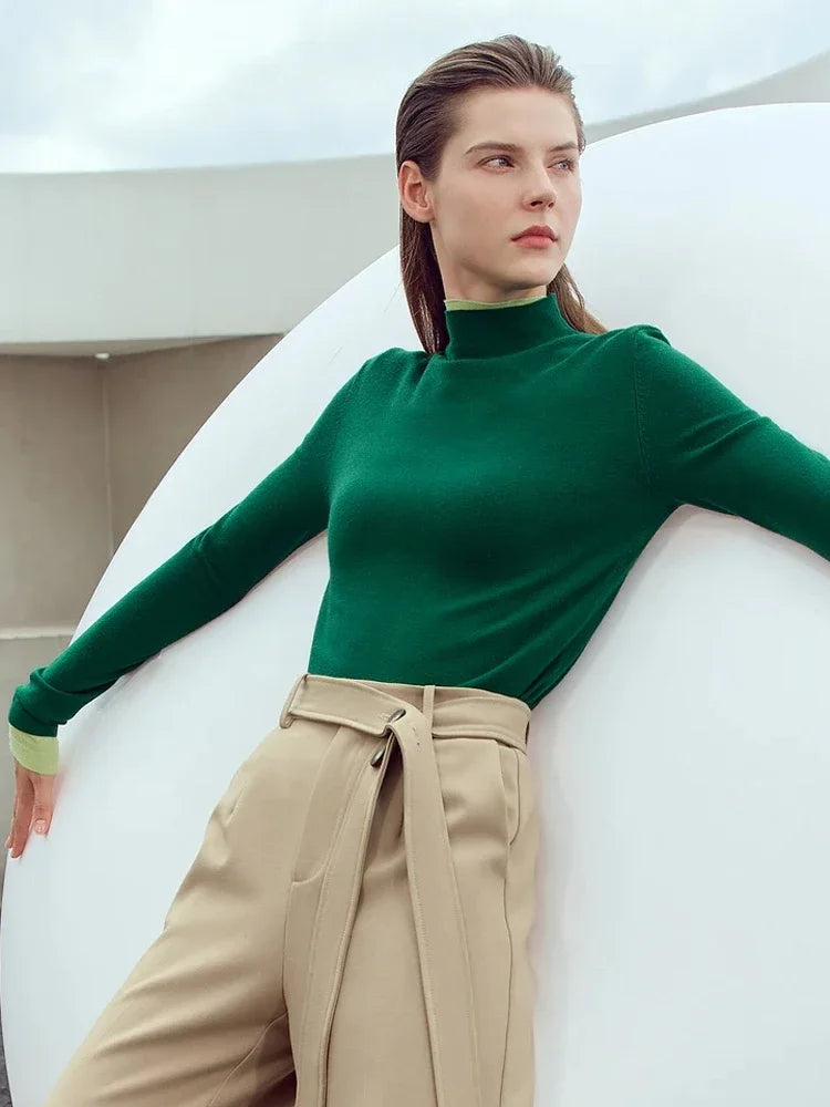 Damenpullover mit Stehkragen, langarm, dunkelgrün, schmaler Basic-Stricklook