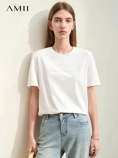 Damen T-Shirts im Minimalismus-Stil mit Kurzarm und Buchstaben-Stickerei