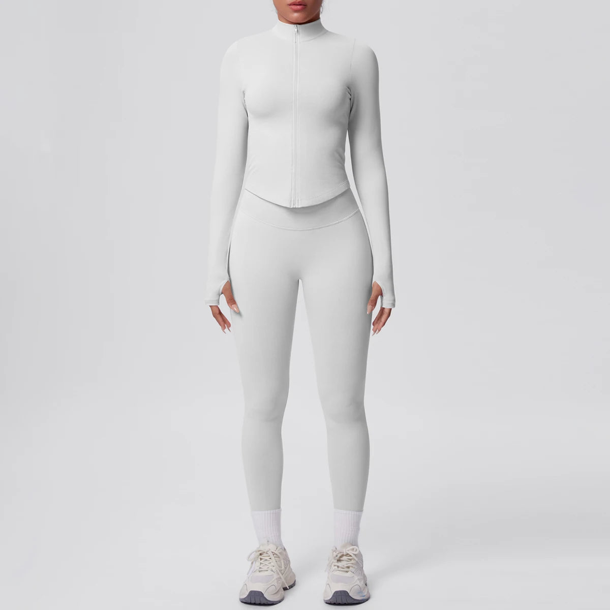 Weißes Yoga-Set mit hoher Taille: langärmliges Reißverschluss-Top und Leggings