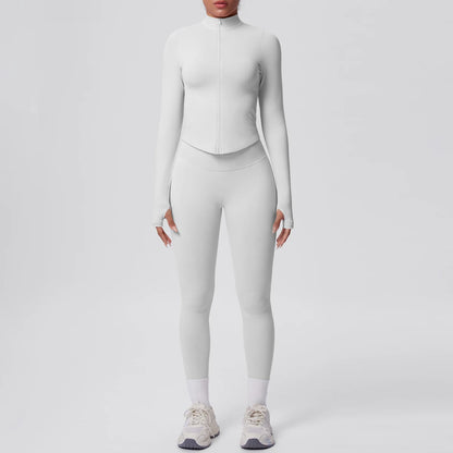 Weißes Yoga-Set mit hoher Taille: langärmliges Reißverschluss-Top und Leggings