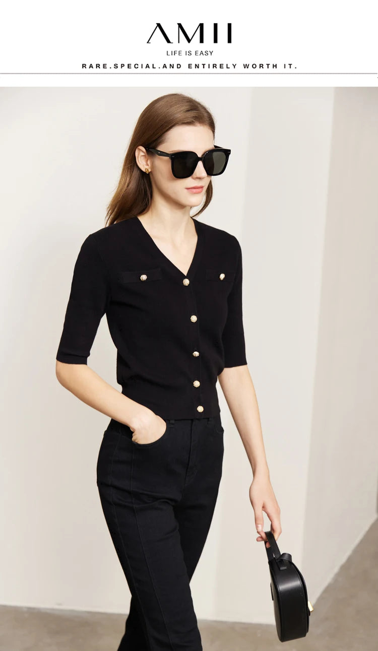 Damen-Strickjacke Baumwolle Slim Halbarm V-Ausschnitt Büro Frühling