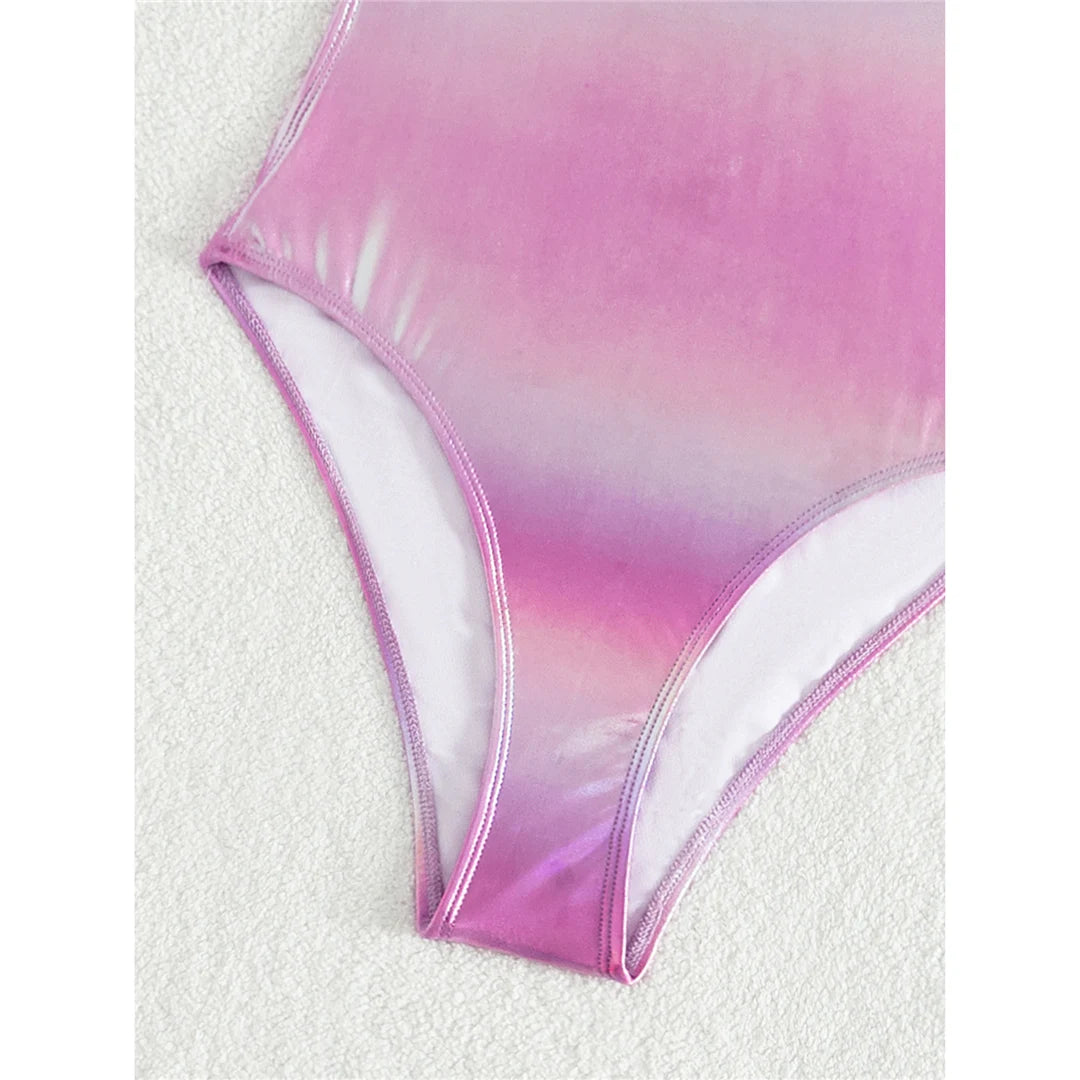 Damen Badeanzug PU-Kunstleder Kreuzrücken hoher Beinausschnitt rückenfrei Monokini