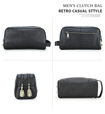 Schwarze Herren-Clutch aus Leder mit Reißverschluss, kompakt und mit Schulterriemen