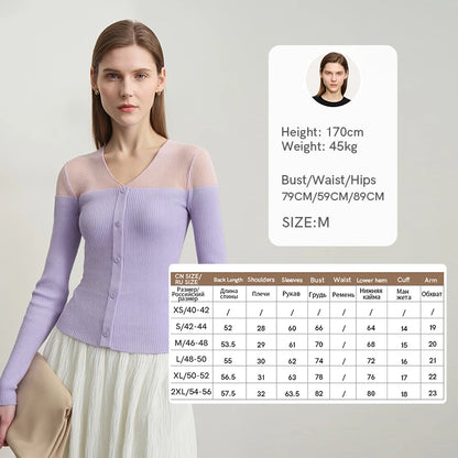 Damen V-Ausschnitt Pullover Viskose Mesh Organza Slim Frühling