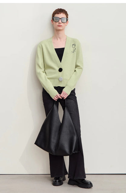 Damen-Strickjacke V-Ausschnitt Stickerei locker Langarm Herbst