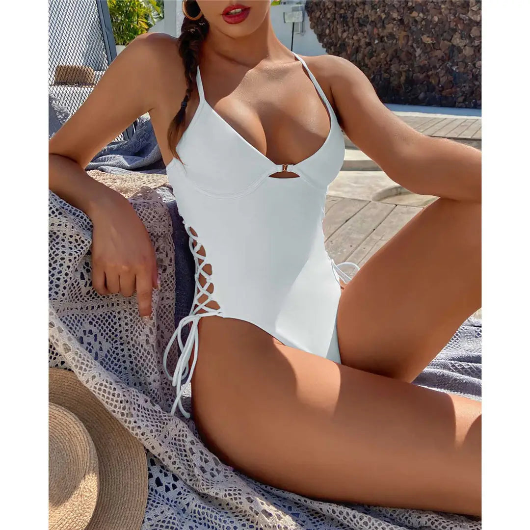 Damen Badeanzug Schnürung Bügel rückenfrei Monokini hoher Beinausschnitt B