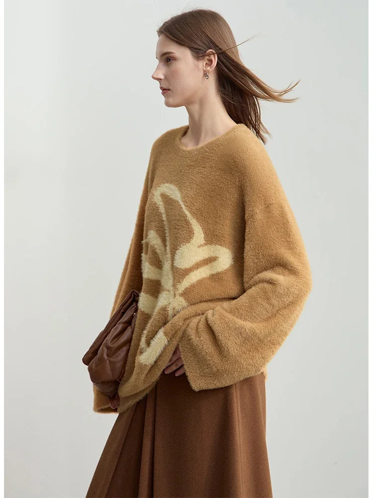 Damen-Pullover in Kaffebraun mit beigem Jacquard-Blumenmotiv, lange Ärmel