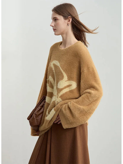 Damen-Pullover in Kaffebraun mit beigem Jacquard-Blumenmotiv, lange Ärmel