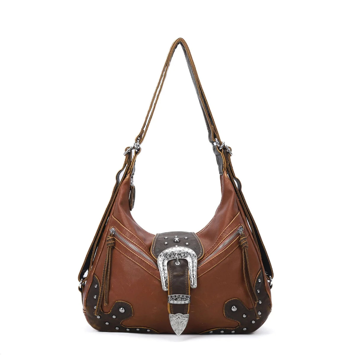 Schultertasche Damen aus PU-Leder, braun, mit Top-Griff und Reißverschluss, mehrere Fächer