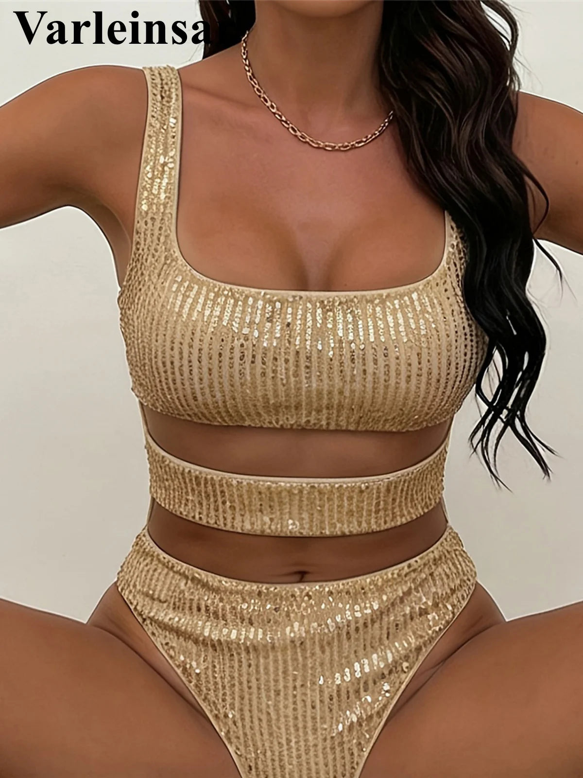 Damen Badeanzug Pailletten Glitzer Cut-Out Monokini High-Cut Strandmode