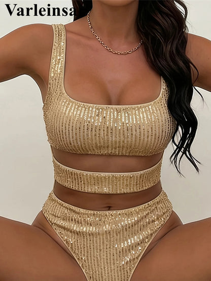 Damen Badeanzug Pailletten Glitzer Cut-Out Monokini High-Cut Strandmode