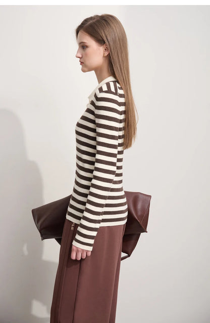 Damen V-Ausschnitt Pullover Streifen Stickerei Polo Kontrastfarben Herbst