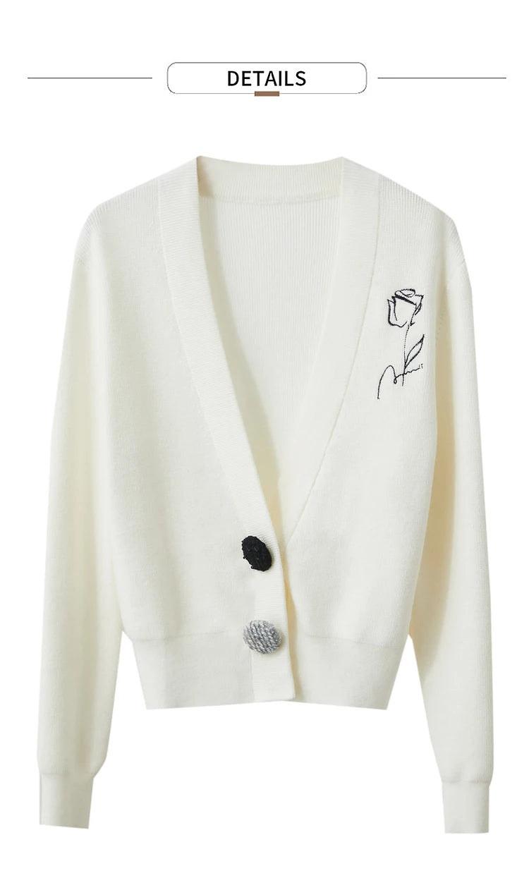 Damen-Strickjacke V-Ausschnitt Stickerei locker Langarm Herbst