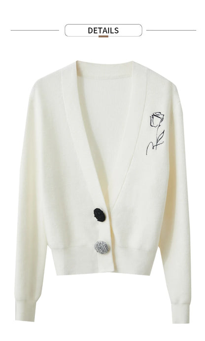 Damen-Strickjacke V-Ausschnitt Stickerei locker Langarm Herbst