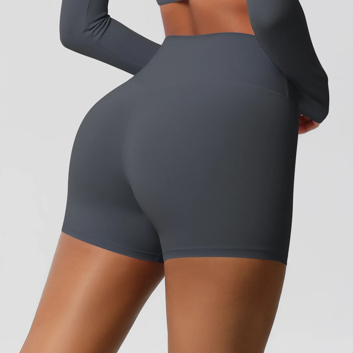 Damen-Sportshorts mit hoher Taille, dunkelgrau, Vorderansicht, elastischer Sitz