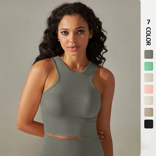 Damen-Sporttop mit Brustpolstern, ärmellos, Racerback, grün-melierter Stoff