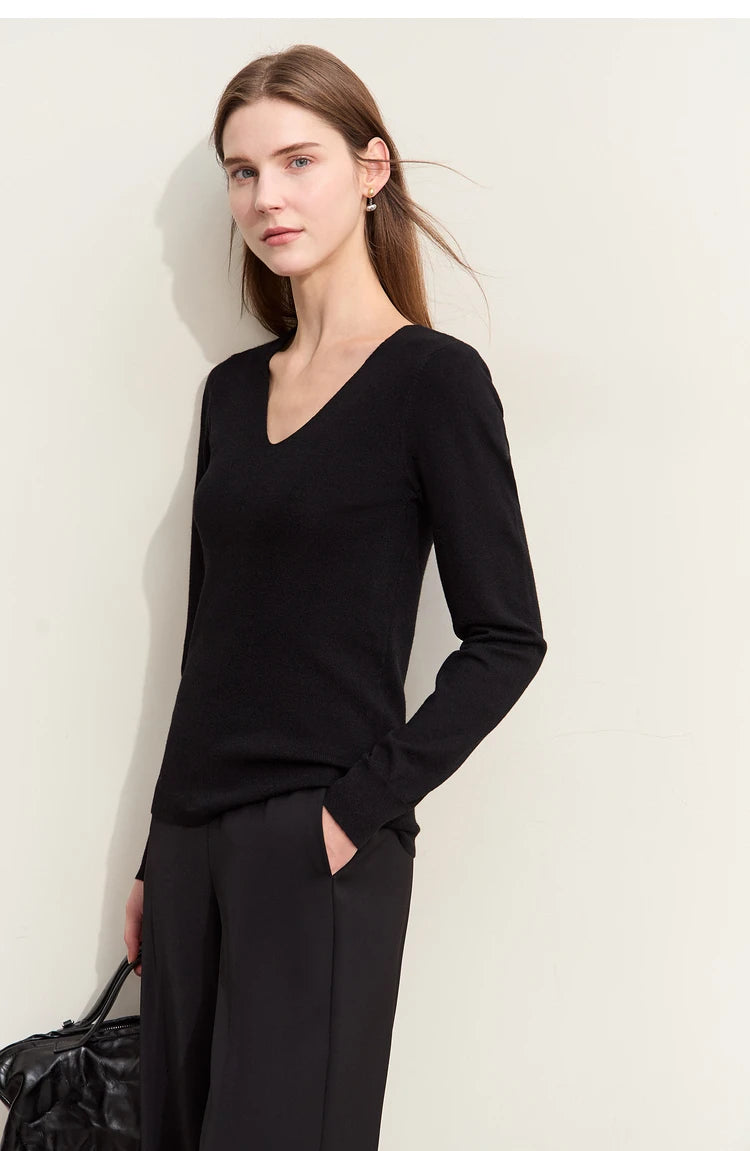 Damen V-Ausschnitt Pullover Wolle-Seide Slim Pendler Herbst