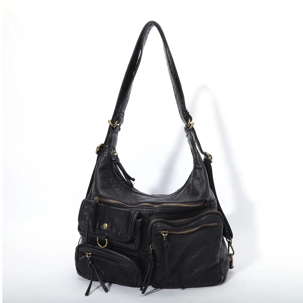 Damen-Schultertasche aus PU Großes Fassungsvermögen mit Innenfächern Vintage-Look Schwarz