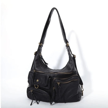 Damen-Schultertasche aus PU Großes Fassungsvermögen mit Innenfächern Vintage-Look Schwarz