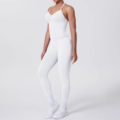 Damen-Yoga-Set in Weiß: Trägertop mit V-Ausschnitt und Leggings im Set