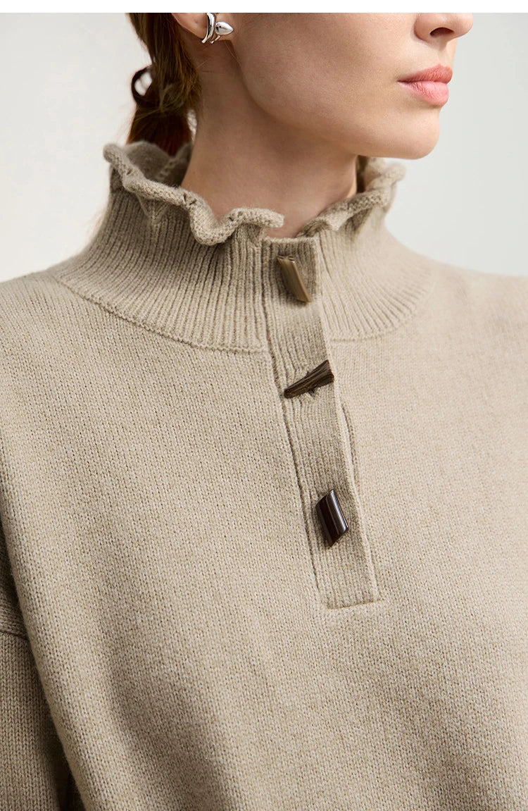 Damen-Rollkragenpullover locker Knopf Raglanärmel Winter