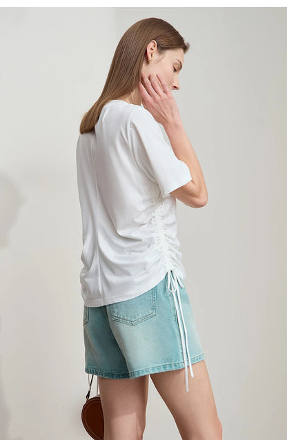 Damen T-Shirt mit solidem V-Ausschnitt und Kordelzug für den Sommer