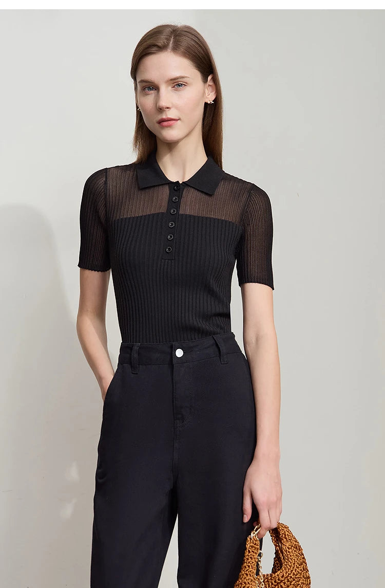 Damen Strickoberteil mit Revers und halber Knopfleiste für den Sommer