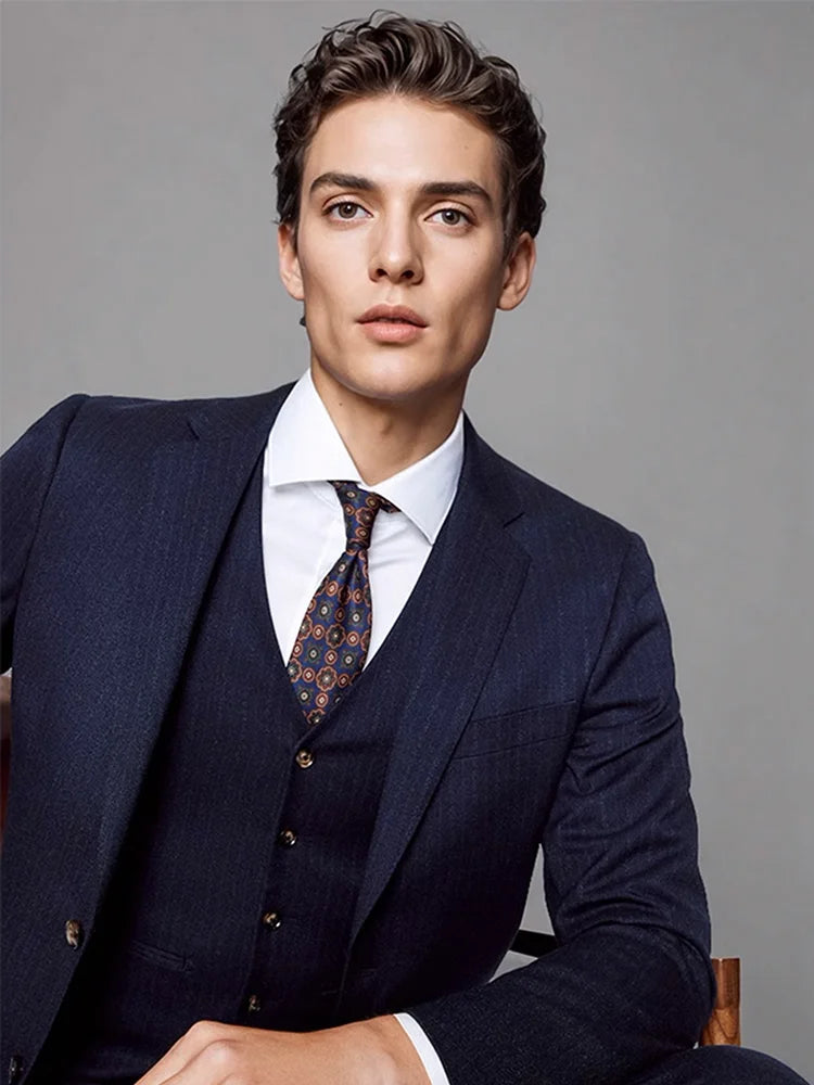 Elegante Herren-Anzughose in Tiefblau mit Streifenmuster – Slim Fit im koreanischen Stil für Büro und Hochzeit, auch in großen Größen erhältlich.