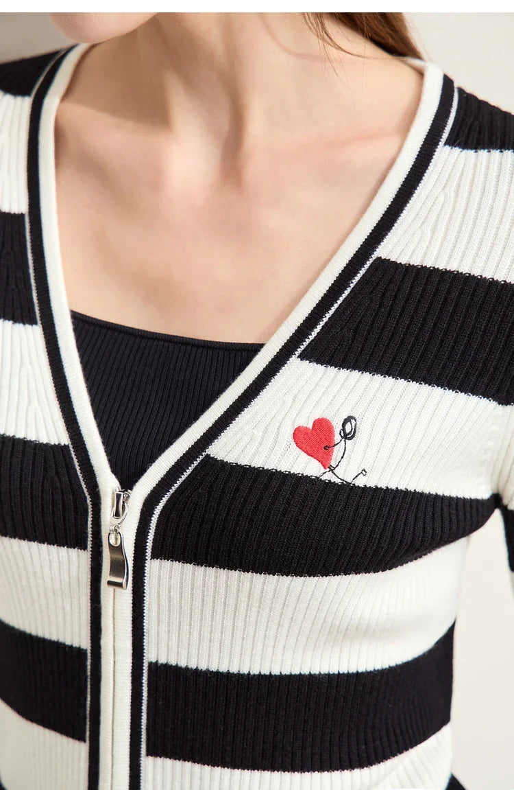 Damen-Strickjacke Kaschmir-Wolle Slim Streifen Reißverschluss Herbst